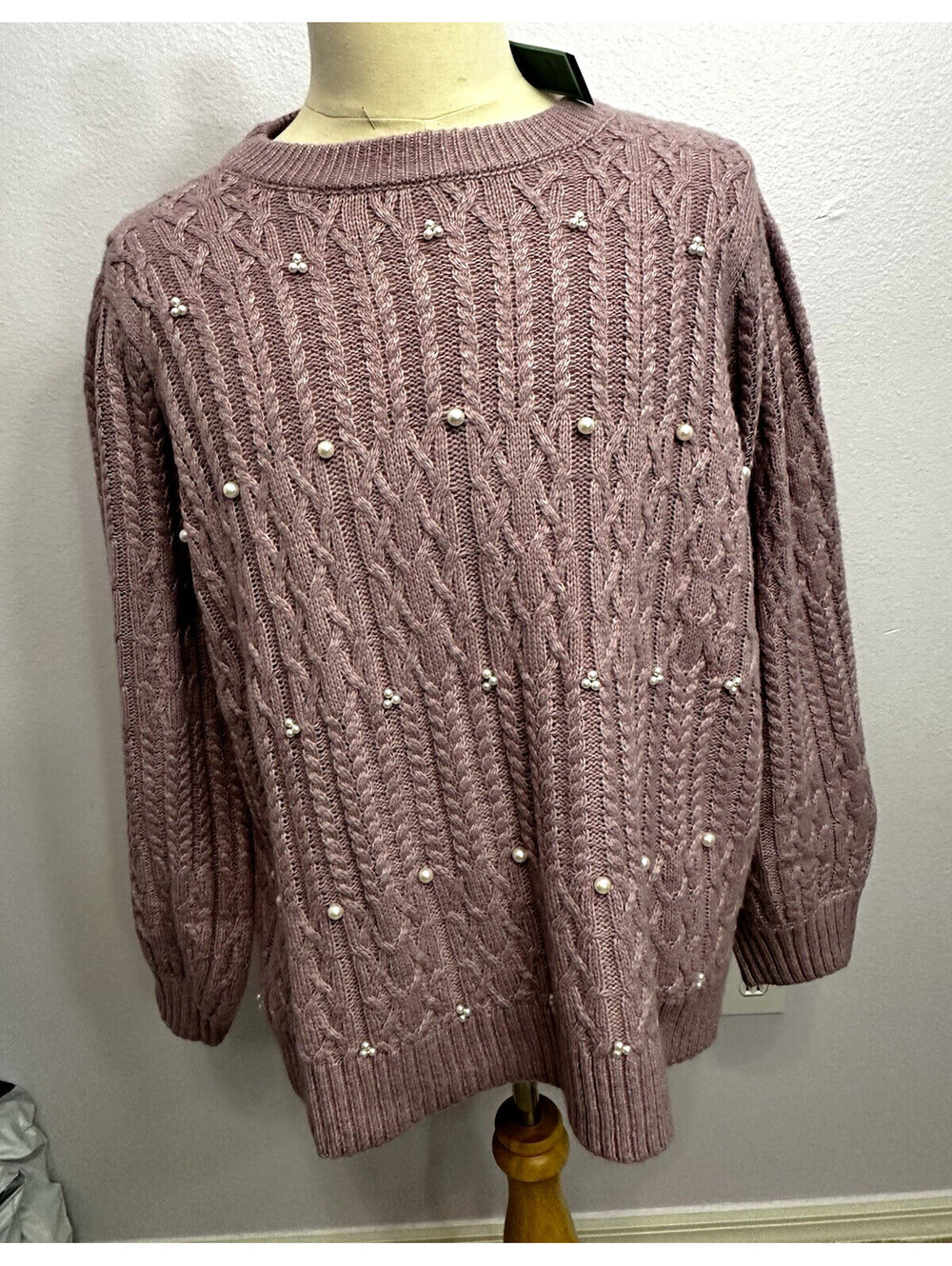 Terra & Sky Cable Knit Pearl Crewneck Pullover Sweater Lavender Plus 3X